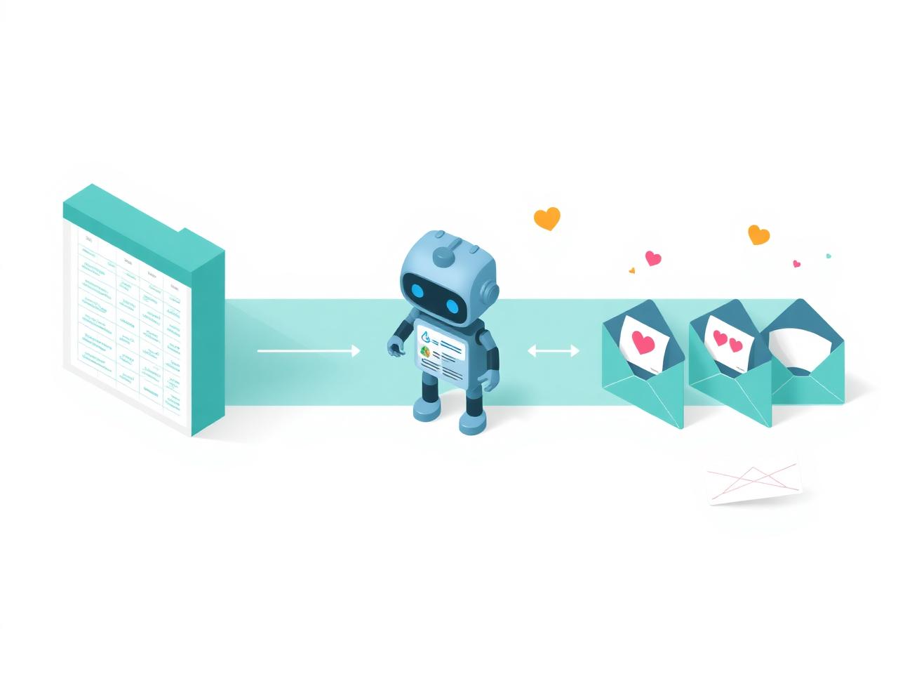 Illustration of an AI writing personalised greetings from a Google Sheets client list and emailing them